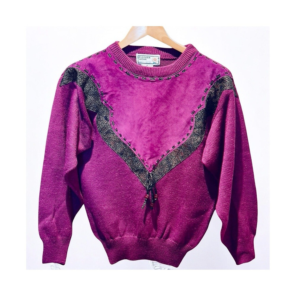 Vintage Western Sweater S Suede Yoke Trim Tassels Southwestern‎ Boho Statement